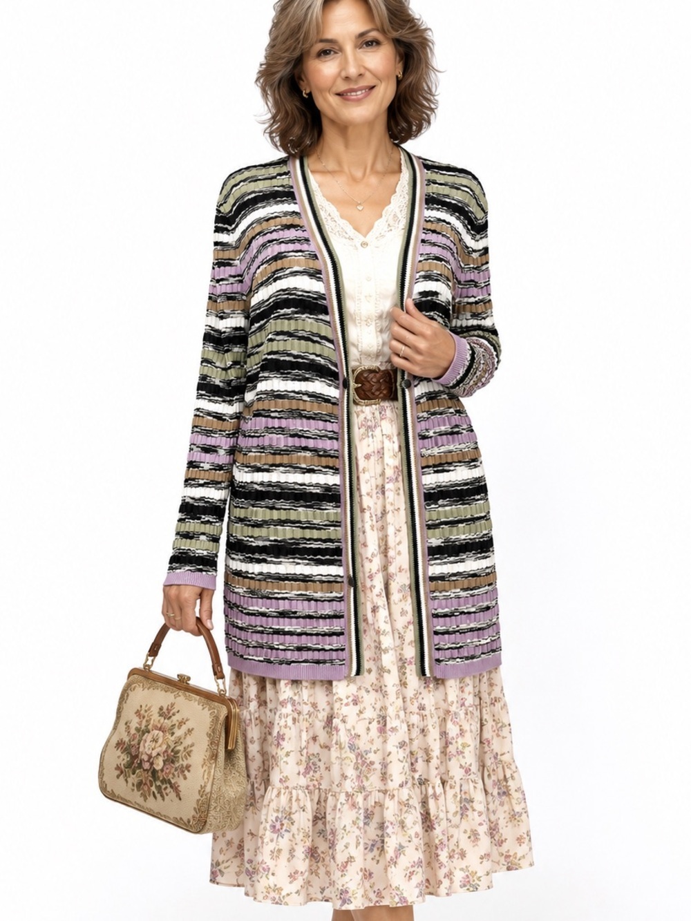 White House Black Market XL striped v-neck longline cardigan ribbed knit grandma